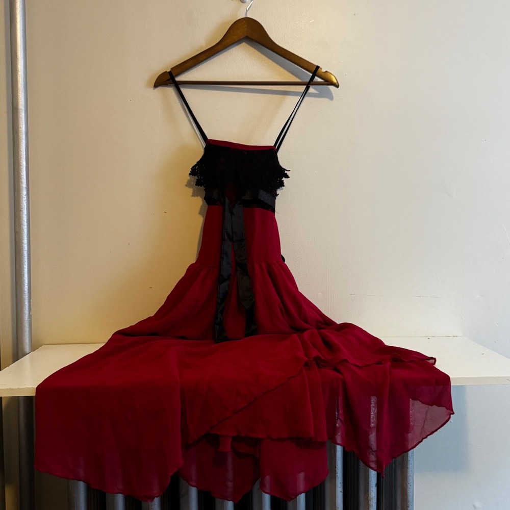 Gothic Red Black Women's S Lace Grommet Faux Leather Chiffon Dress Whimsigoth